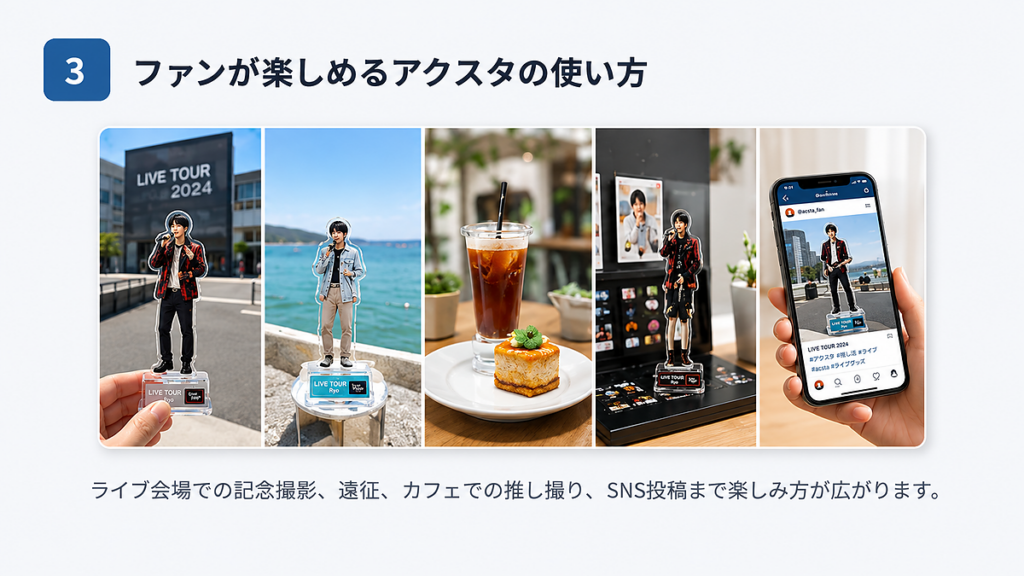 ライブ会場、遠征、カフェ、SNSでアクリルスタンドを楽しむ推し活シーン